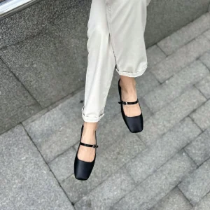 Black Square Toe Mary Jane Leather Flats